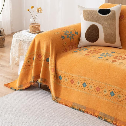 STACYPIK Soft Orange Sofa Cover, Boho Chenille Couch Cover for 2 Cushion Couch, Anti-Slip Jacquard Furniture Protector, Loveseat Cover for Sectional, Multi-use Sofa Slipcover Pet-Friendly-71X118IN
