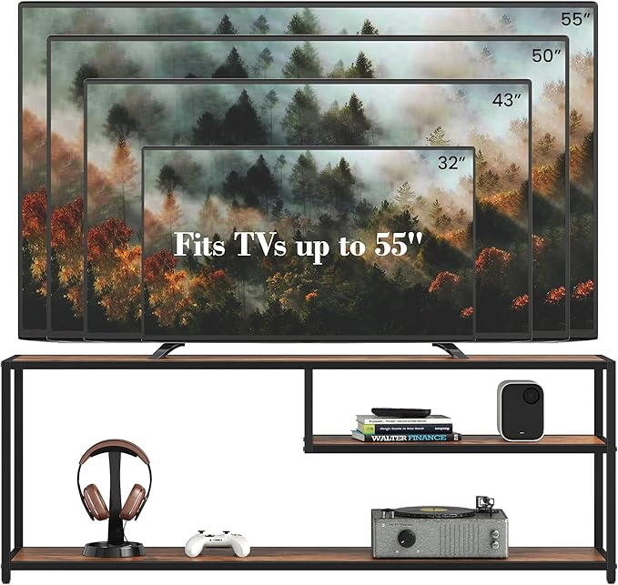 TECHMILLY Modern TV Stand for 55" TV, TV Table with Storage Shelves, Entertainment Center with Metal Frame, TV Console Table for Living Room, Bedroom, Rustic Brown