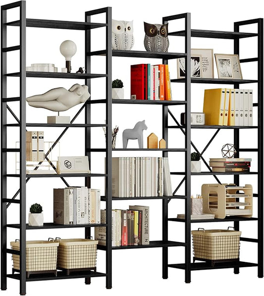 IRONCK Bookshelves 6 Tiers Triple Wide Industrial Bookshelf, Large Etagere Bookshelf Open Display Shelves with Metal Frame for Living Room Bedroom Home Office