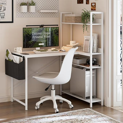 47 Inch L Shaped Computer Desk with Reversible Storage Shelves, Home Office Corner Desk Study Writing Table with Hutch, Study, White