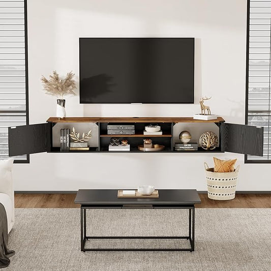 Floating TV Stand with Doors, 63'' Farmhouse Floating TV Shelf for TVs up to 80 Inch, 2 Tier Wall Mounted TV Stand, Floating Entertainment Center, TV Floating Cabinet for Living Room, Bedroom, Black