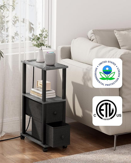 TUTOTAK Small Narrow End Tables, Side Tables with 2 Fabric Drawers, Set of 2, Bedside Tables with Charging Station for Small Spaces, Slim Nightstands with USB Ports and Wheels, TB01BY053