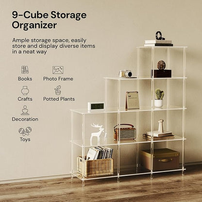 5-Tier Acrylic Bookshelf, 9 Cube Bookcase, Clear Open Stepped Book Shelf for Home Office, Living Room, Bedroom, Easy Assembly, 11.8" D x 40.6" W x 46.1" H