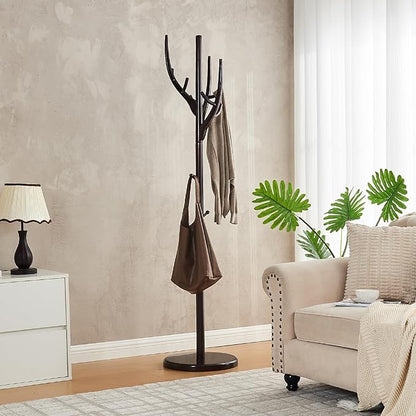 Uniclinens Coat Rack Freestanding Solid Wood Coat Tree Standing with 12 Hooks, Coat Rack Stand Creative Tree Branch-look (Dark Walnut)