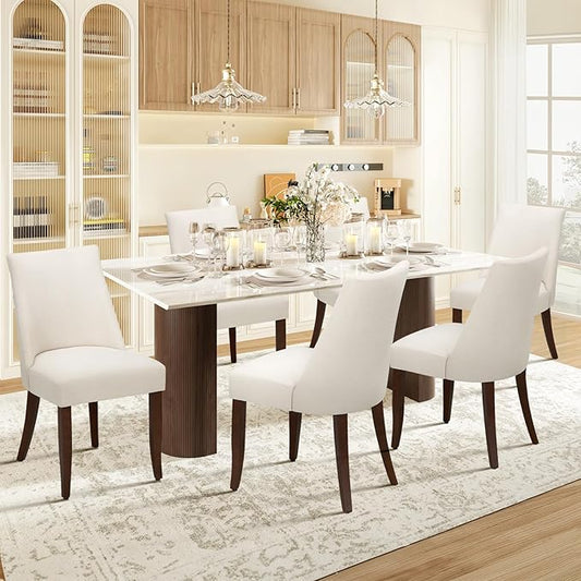 COLAMY Upholstered Dining Chairs Set of 6, Mid Century Modern Kitchen Chairs with Back, Farmhouse Fabric Side Dining Room Chairs with Wood Legs for Dining Room Restaurant, Beige