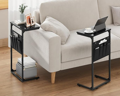 Vagusicc C Shaped End Table Set of 2, Tall Side Table for Sofa, Small Couch Side With Storage Bag, TV Tray for Small Spaces, Sturdy Slide Under Sofa With Metal Frame for Living Room