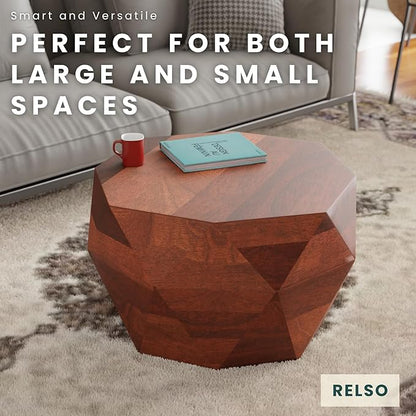 Octavian Coffee Table - Solid Wood Round Drum Center Table for Living Room with Geometric Faceted Design | Walnut Finish Accent Table, Modern Decor, Farmhouse Table | No Assembly Required (18 inch H)