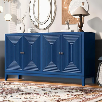 Merax 60" Sideboard Buffet Storage Cabinet with 4 Doors and Adjustable Shelves, Modern Wooden Accent Fluted Credenza Console Table for Kitchen, Dining, Living Room, Coffee Bar, Entryway, Navy Blue