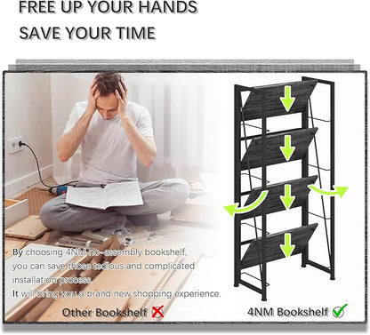 4NM No-Assembly Folding Bookshelf Storage Shelves 4 Tiers Vintage Bookcase Standing Racks Study Organizer Home Office (Gray Black)