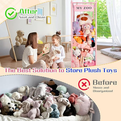 Stuffed Animal Storage Zoo, Wooden Stuffed Animal Organizer with Elastic Cords for Boys Girls, Space Saving Toy Plushies Storage Holder for Playroom, Bedroom, Living Room (Pink, Large)