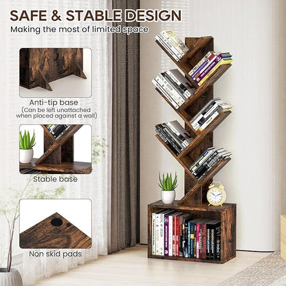 6 Tier Tree Bookshelf, Sturdy Retro Floor Standing Wood Bookcase, Storage Rack for Home Office, Living Room, Bedroom, Reading Spot, Heavy Book Organizer Shelves for CDs/DVDs/Movies