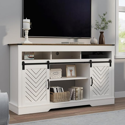 RoyalCraft Farmhouse TV Stand for 23" Electric Fireplace, Tall Entertainment Center for 65+ Inch TV, 34" Tall Rustic TV Console with Sliding Bar Door for Living Room, Wood-Tone and White
