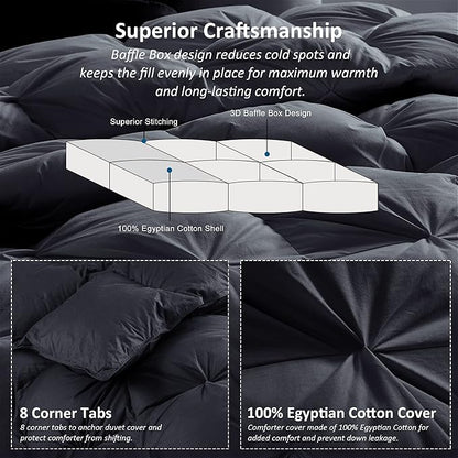 Luxurious All-Season Goose Down Feather Fiber Comforter Super King Size Duvet Insert (120x120), Exquisite Pinch Pleat Design- Black, Premium Baffle Box, 100% Egyptian Cotton Cover, 85 oz. Fill Weight