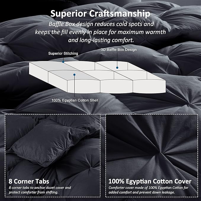 Luxurious All-Season Goose Down Feather Fiber Comforter Oversize Queen Duvet Insert (98x98), Exquisite Pinch Pleat Design- Black, Premium Baffle Box, 100% Egyptian Cotton Cover, 70 oz. Fill Weight