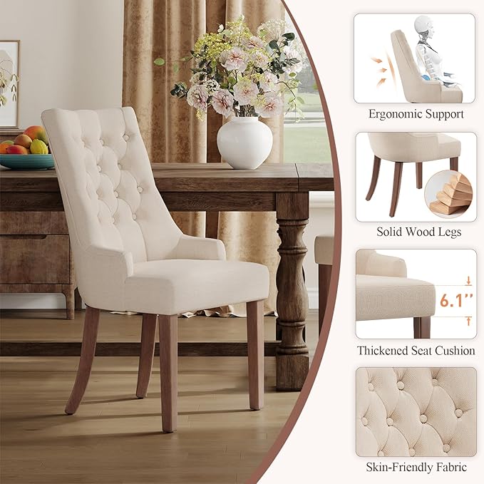 COLAMY Fabric Side Dining Chairs Set of 4, Wingback Upholstered Dining Room Chairs with Tufted Button, Living Room Chairs for Home Kitchen, Beige