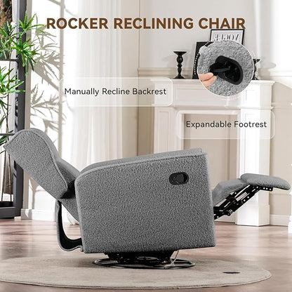 COMHOMA Nursery Rocking Chair Teddy Upholstered Swivel Rocker Recliner Manual Glider Reclining Chair for Living Room Bedroom Offices (Grey, 1 PCS)