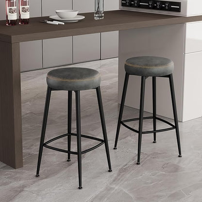 Counter Height Bar Stools, 26" H Backless Bar Stools Set of 2, Upholstered Faux Leather Kitchen Counter Stools, Mid Century Modern, Kitchen Island Home Bar, Pub, Black Grey