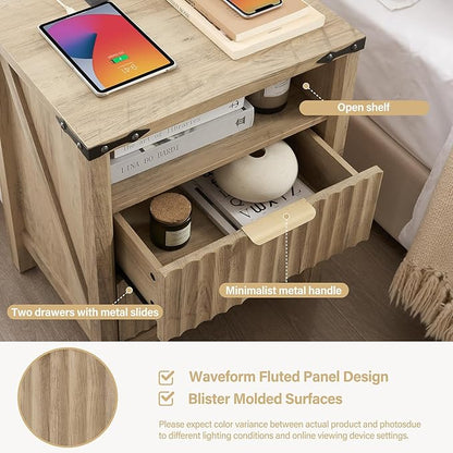 Fluted Nightstand with Charging Station Set of 2-20 Inch Wide Farmhouse Bedside Table with 2 Drawers, Modern Wood End Side Table for Bedroom Study Storage Sunwashed Ash Oak