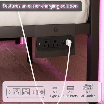 Full Size Bed Frame with Headboard,Heavy Duty LED Bed Frame with USB Charging Station,Mattress Foundation-Under Bed Storage, No Box Spring Needed, Noise Free，Black