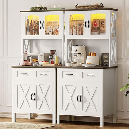IRONCK 71" Pantry Cabinet with LED Lights and Charging Station, Tall Kitchen Storage Cabinet with Microwave Stand, Farmhouse Kitchen Hutch for Dining Room, White