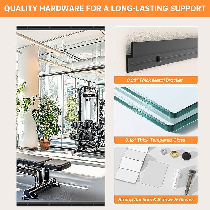 Hasipu 3 Pcs 55''x17'' Home Gym Mirror Large Full Length Wall Mounted Full Body Mirror for Yoga Dance Fitness Exercise Studio Bedroom Garage, Frameless Tempered Glass Workout Mirrors Black Rectangular