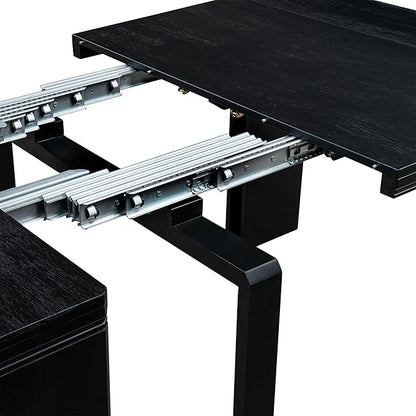 X07X1-B06-24 9-pc Modern Dining Room Table Set a Rectangular Dining Table and 2 wooden Benches and 7 Black Polyester Stackable Chair, 39x120 Inch, Wire Brushed Black