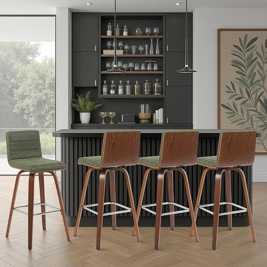 Armen Living Vienna Modern Swivel 30" Bar Height Barstool with Vintage Green Faux Leather and Walnut Wood Finish