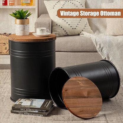 Poofzy Farmhouse End Tables Set of 2, Galvanized Metal Decor Side Table with Wood Lid, Coffee Table Storage Stool for Living Room (Black)