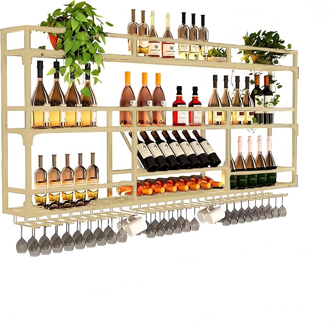 Metal Wall-Mounted Wine Rack with LED Light - 3 Tier Wine Storage Display Rack with Glass Holder - Space-Saving Bottle Display Shelf for Home Bars, Dining Rooms(Gold, 59in/150cm)