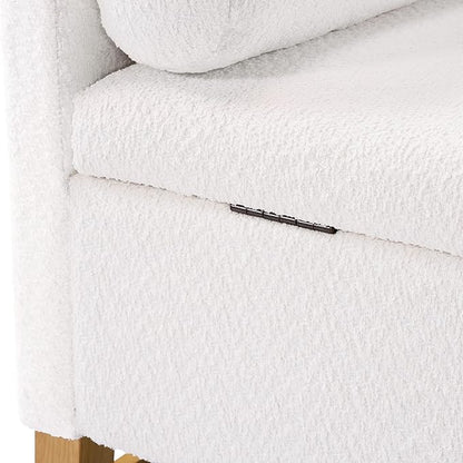 Merax Boucle Upholstered Storage Ottoman Bench 50.8" End of Bed Bench with 2 Round Pillows & Solid Wood Legs, Ample Hidden Storage Space, for Entryway Bedroom, Ivory