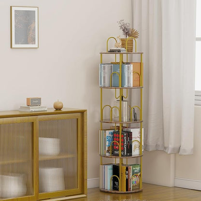 4 Tier Rotating Bookshelf, 360° Spinning Bookshelf Tower, Round Narrow Space Saving for Books and Display, Revolving Bookcase Corner Tall Book Shelf for Small Spaces, Bedroom, Living Room, Gold