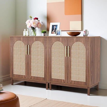 59" Sideboard Buffet Cabinet with Storage, Rattan Kitchen Buffet Storage Cabinet Set of 2, Modern Sideboard with Doors & Shelves for Living Room, Kitchen, Hallway, Dark Brown