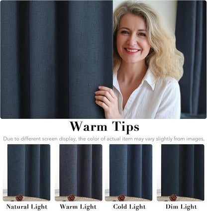 H.VERSAILTEX Linen Blackout Curtains 96 Inches Long 100% Absolutely Blackout Thermal Insulated Textured Linen Look Curtain Draperies Anti-Rust Grommet, Energy Saving with White Liner, 2 Panels, Navy
