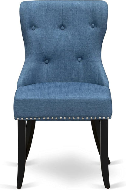 East West Furniture AMSI3-BCH-21 3 Piece Dinette Set for Small Spaces Contains a Round Kitchen Table with Pedestal and 2 Blue Linen Fabric Parson Dining Chairs, 36x36 Inch, Black & Cherry
