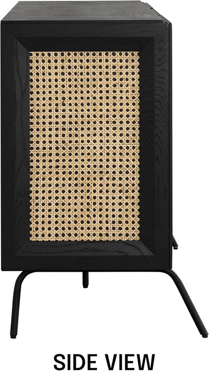 NTC MOSSIC Modern Sideboard with 3 Doors, Natural Rattan Storage Cabinet, Buffet with Metal Legs, Boho Accent Cabinet for Living Room, and Entryway, Effortless Assembly - Burnt Black