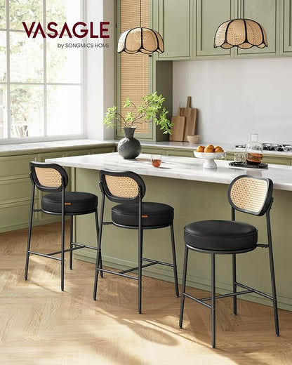 VASAGLE Bar Stools Set of 2, Bar Height Stools with Rattan Back and Metal Legs, 25.1-Inch Tall Counter Chairs, Modern Leather Upholstered Barstools for Kitchen Island Dining Room, Ink Black