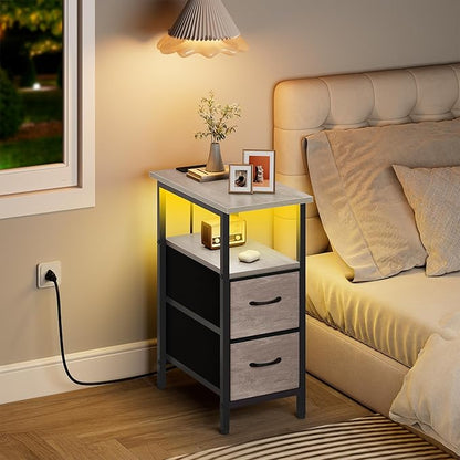 Vagusicc Set of 2 Nightstand with Charging Station and LED Lights, Narrow Side Table, LED Night Stand with 2 Fabric Drawers, Bedside Table Small End Table, Tall Nightstand for Bedroom, Rustic Grey