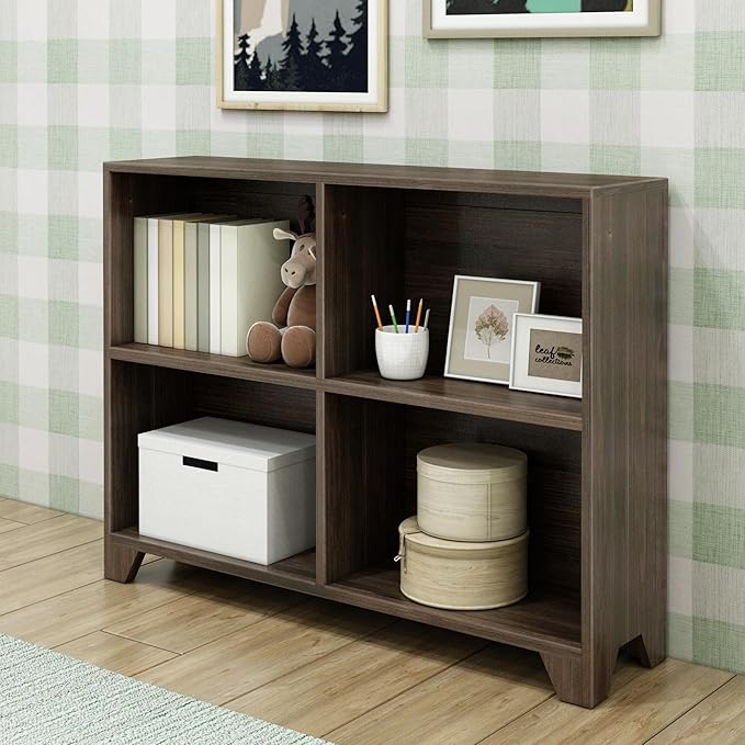 Max & Lily Modern Farmhouse 4-Shelf Bookcase, Solid Wood Bookshelves for Kids Bedroom, Barnwood Brown