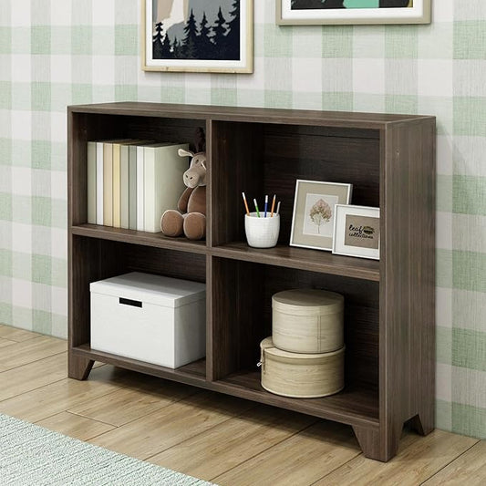 Max & Lily Modern Farmhouse 4-Shelf Bookcase, Solid Wood Bookshelves for Kids Bedroom, Barnwood Brown