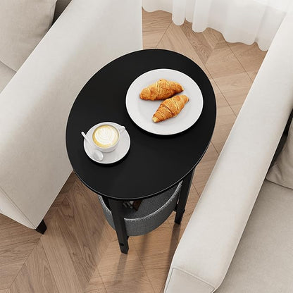 Vagusicc Round Side Table End Table with Storage Basket, Small Side Table Round Nightstand for Small Spaces, Tall Oval End Table with Steel Frame, Coffee Bedside Table for Living Room Bedroom, Black