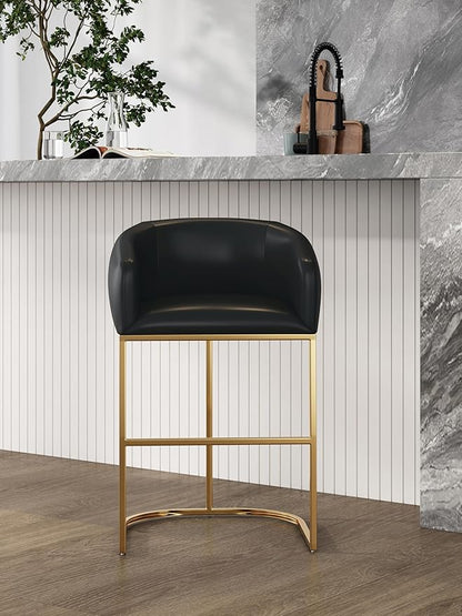 Manhattan Comfort Louvre 26 Inch Mid Century Modern Counter Height Bar Stools - Elegant Faux Leather Padded Seat, Stainless Steel Base with Footrest, Fully Assembled Barstools, Set of 1, Black & Gold