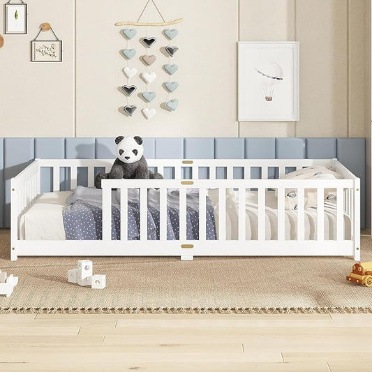 Bellemave Twin Floor Bed with Slats and Safety Guardrails, Kids Montessori Floor Beds with Fence and Without Door, Easy Assemble Floor Bed for Kids, Girls, Boys, White