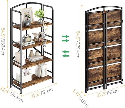 No-Assembly Folding Bookshelf Storage Shelves 4 Tiers Vintage Multifunctional Plant Stand Storage Rack Shelves Bookcase for Home Office