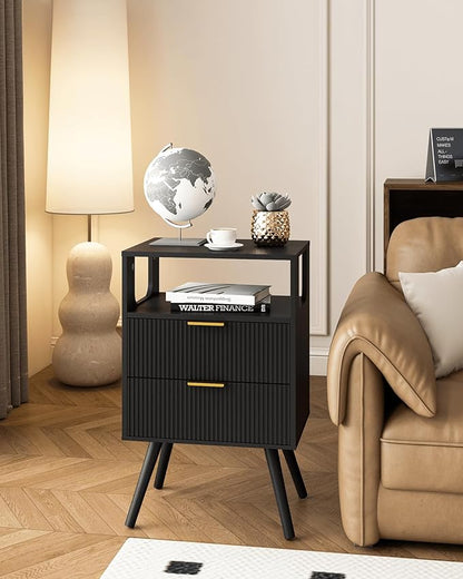 Black Nightstand,Modern Bedside Table with 2 Storage Drawer and Open Wood Shelf, for Bedroom and Small Spaces,Night Stand with Solid Wood Legs