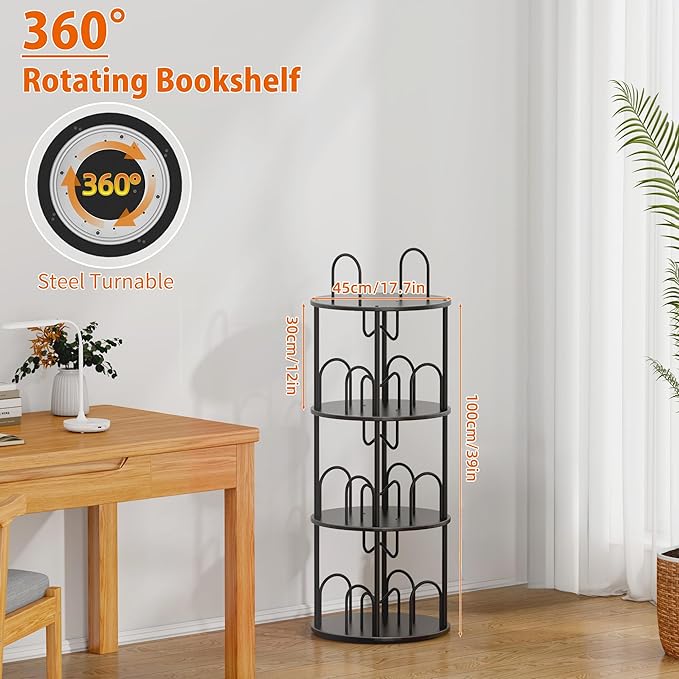 3 Tier Rotating Bookshelf, 360° Spinning Bookshelf Tower, Round Narrow Space Saving for Books and Display, Revolving Bookcase Corner Tall Book Shelf for Small Spaces, Bedroom, Living Room, Black