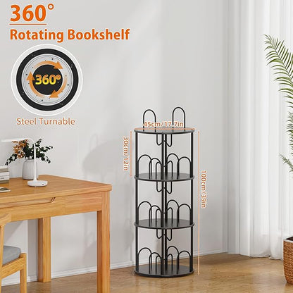 3 Tier Rotating Bookshelf, 360° Spinning Bookshelf Tower, Round Narrow Space Saving for Books and Display, Revolving Bookcase Corner Tall Book Shelf for Small Spaces, Bedroom, Living Room, Black
