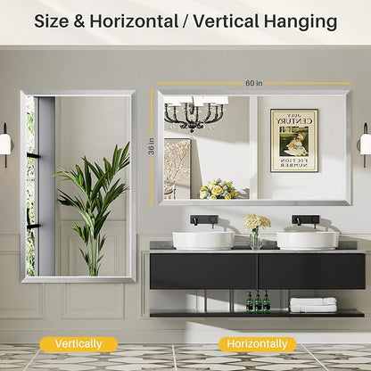 60x36 Inch Silver Bathroom Mirror for Wall, Thick Metal Framed Rectangle Mirrors for Over Sink, Bedroom, Living Room, Entryway, Anti-Rust, HD Tempered Glass
