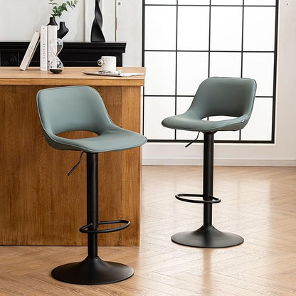 YOUNIKE Bar Stools Set of 2 Modern Swivel Barstools, Adjustable Counter Height Bar Stools Faux Leather Upholstered Counter Stools with Hollow Back for Kitchen Island, Greyish Green