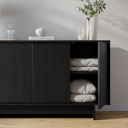 Prepac Finnley 61.5" Wide Sideboard Cabinet, Wood Entryway Sideboard with 2 Adjustable Shelves, Dining Room Buffet with 4 Doors, Living Room Accent Cabinet for Storage and Decorations, Black Oak