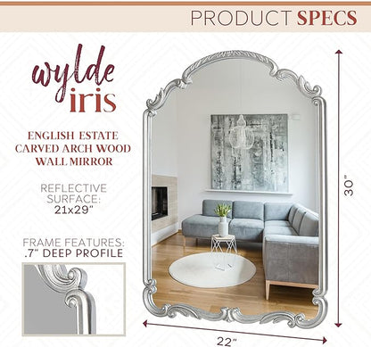 English Estate Carved Arch Wood Wall Mirror, Mirror for Entryway, Living Room, Bathroom, Antique Silver, 20.9x28.9
